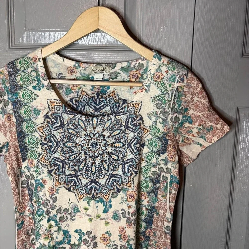 One World Womens Small Mandala Print Boho Short Sleeve Top Multi Color Y2K Scoop